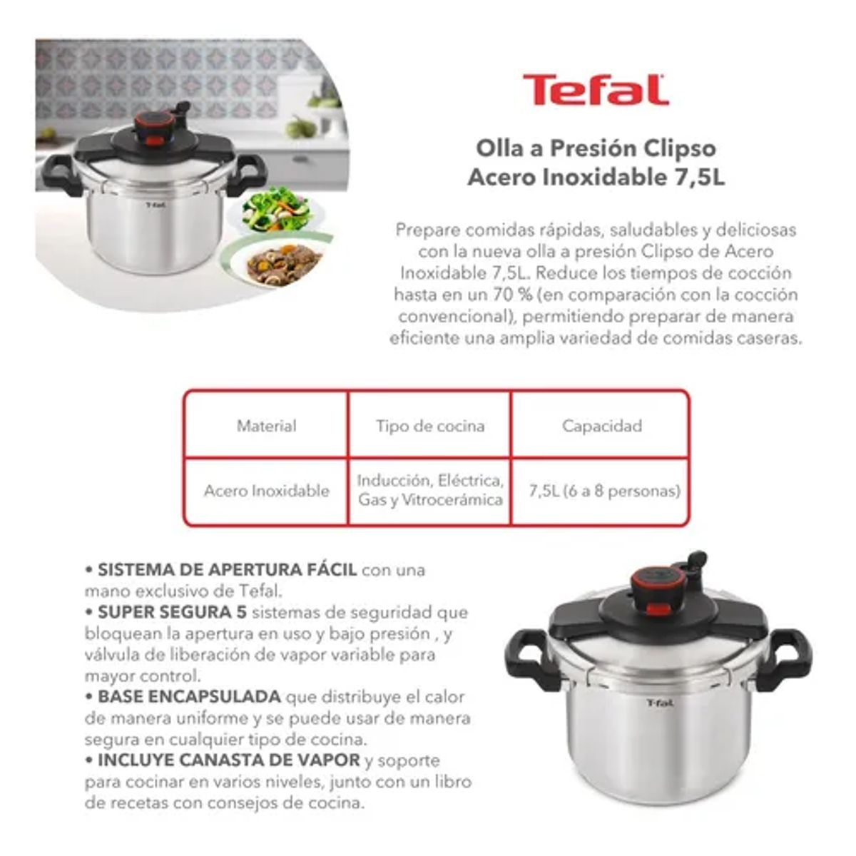 GENERICO - Olla A Presion Tefal Acero Inoxidable 75l Gris