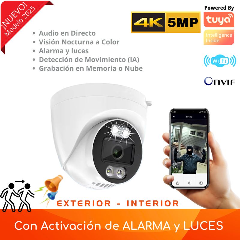 D MOTICA - Cámara Mini Domo Fija Wifi Inteligente 4K 5MP - Audio y Detección Movimiento