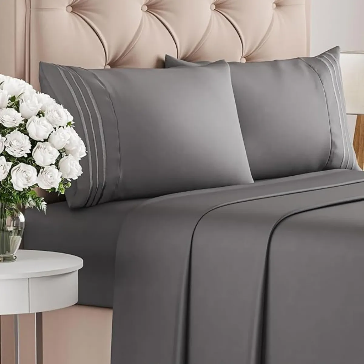 AZ AURAZEUS - Juego De Sabanas + Fundas De Almohada King Gris 1800 Microfiba Aura Zeus