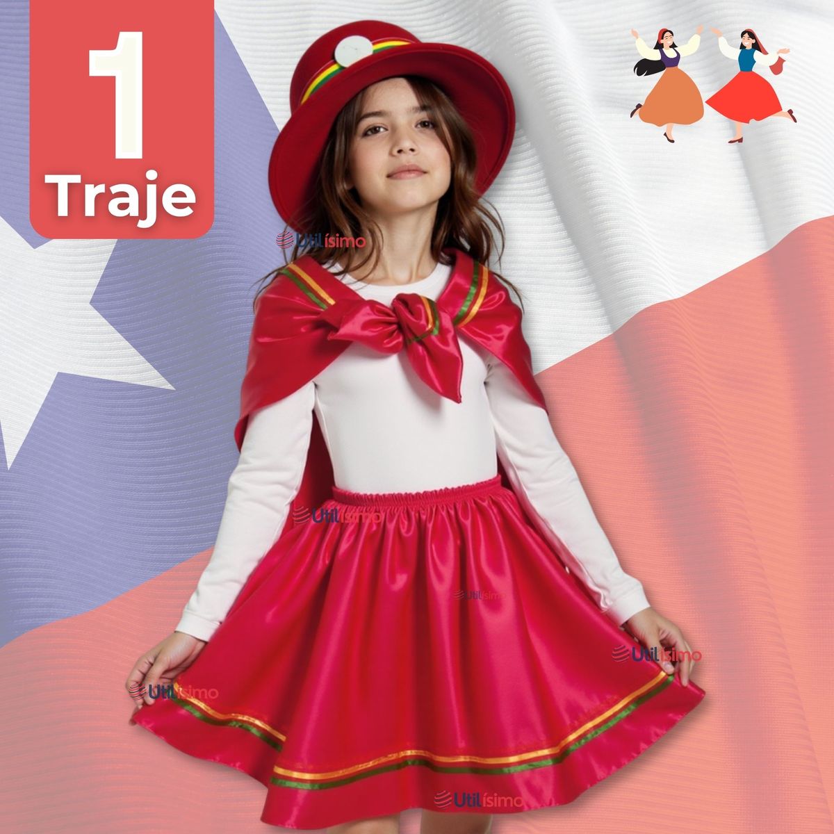 UTILISIMO - Traje Nortino con Polera Fiestas Patrias Baile Nortino Rojo
