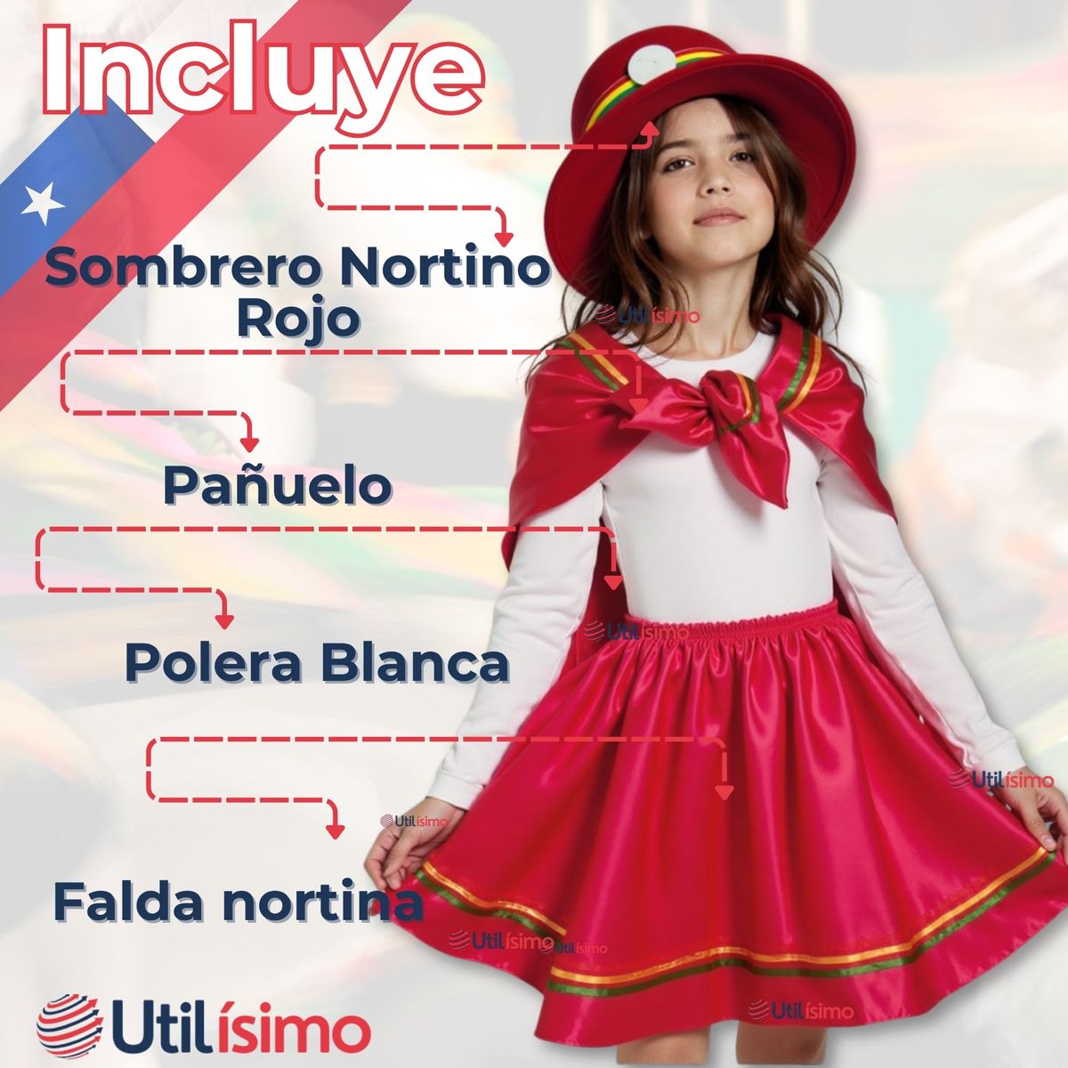 UTILISIMO - Traje Nortino con Polera Fiestas Patrias Baile Nortino Rojo