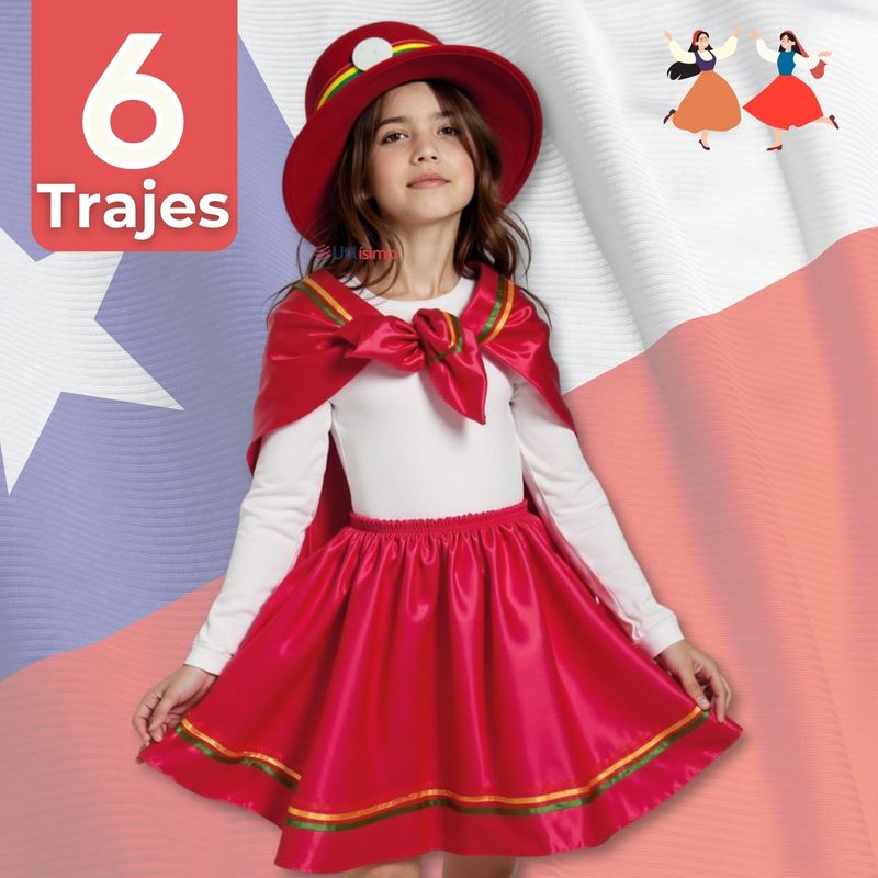 UTILISIMO - Pack 6 Traje Nortino Rojo 4 Piezas Niña Fiestas Patrias Baile Nortino
