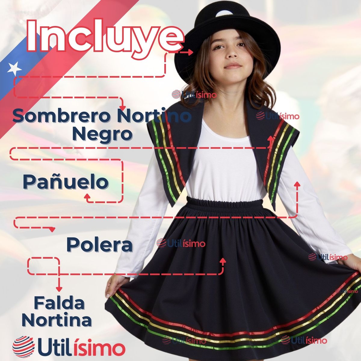 UTILISIMO - Traje Nortino con Polera Fiestas Patrias Baile Nortino Negro