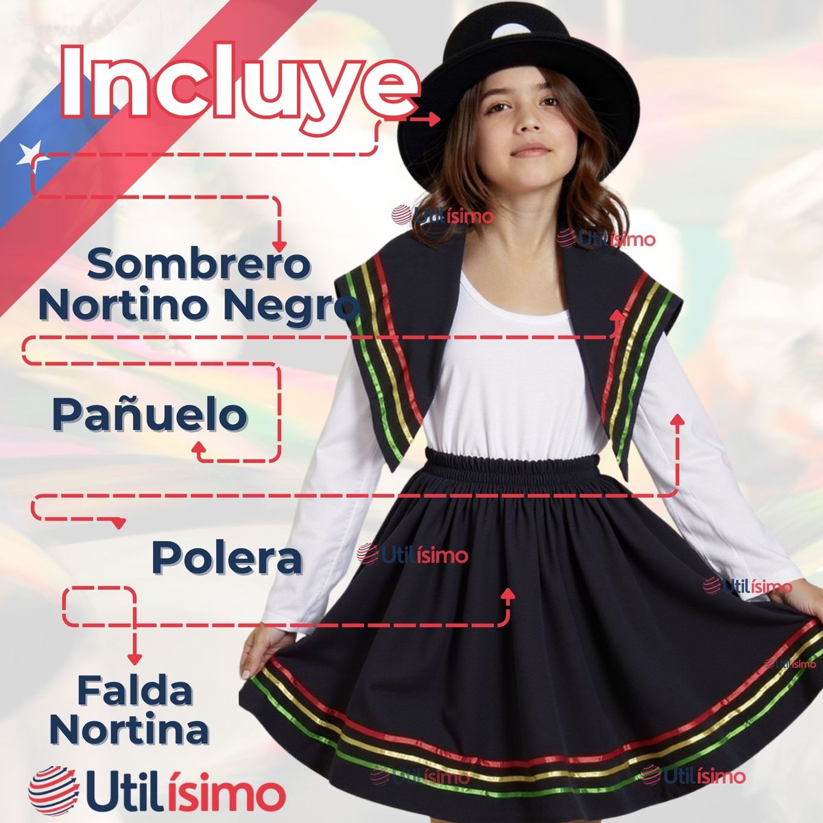 UTILISIMO - Traje Nortino con Polera Fiestas Patrias Baile Nortino Negro