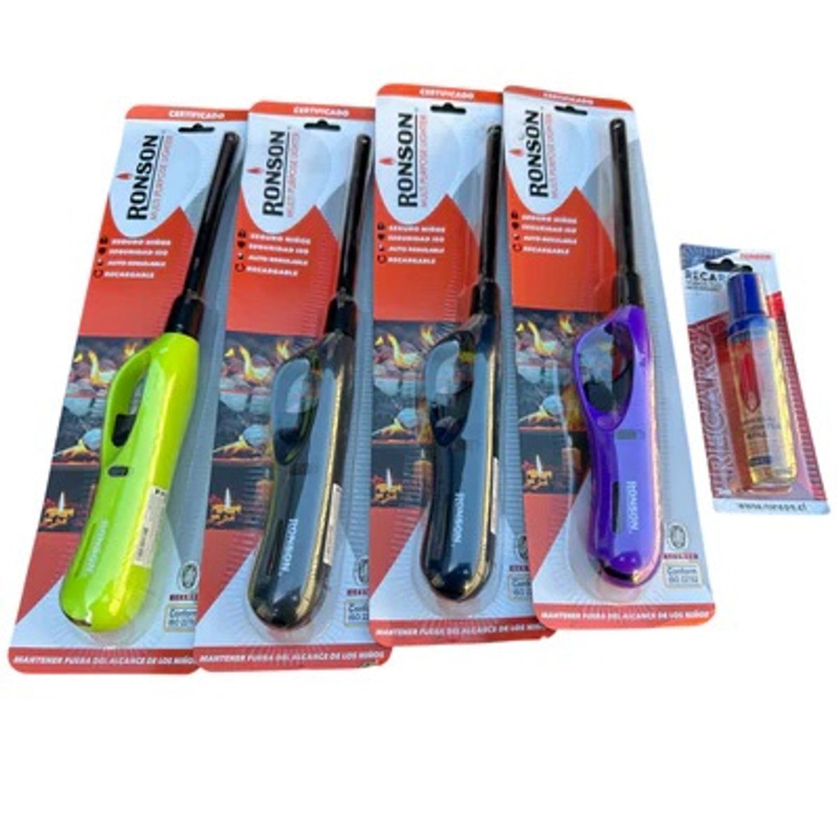 RONSON - Pack 4 Chispero Tubo Largo + 1 Recarga de Gas Gratis CERTIFICADO