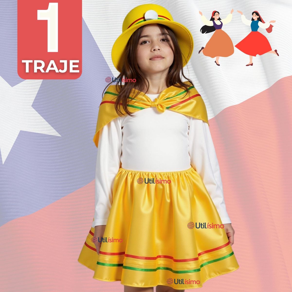 UTILISIMO - Traje Nortino Amarillo 3 Piezas Niña Fiestas Patrias Baile Nortino