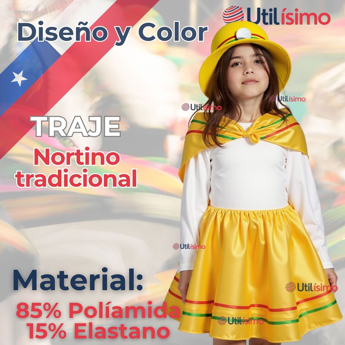 UTILISIMO - Traje Nortino Amarillo 3 Piezas Niña Fiestas Patrias Baile Nortino