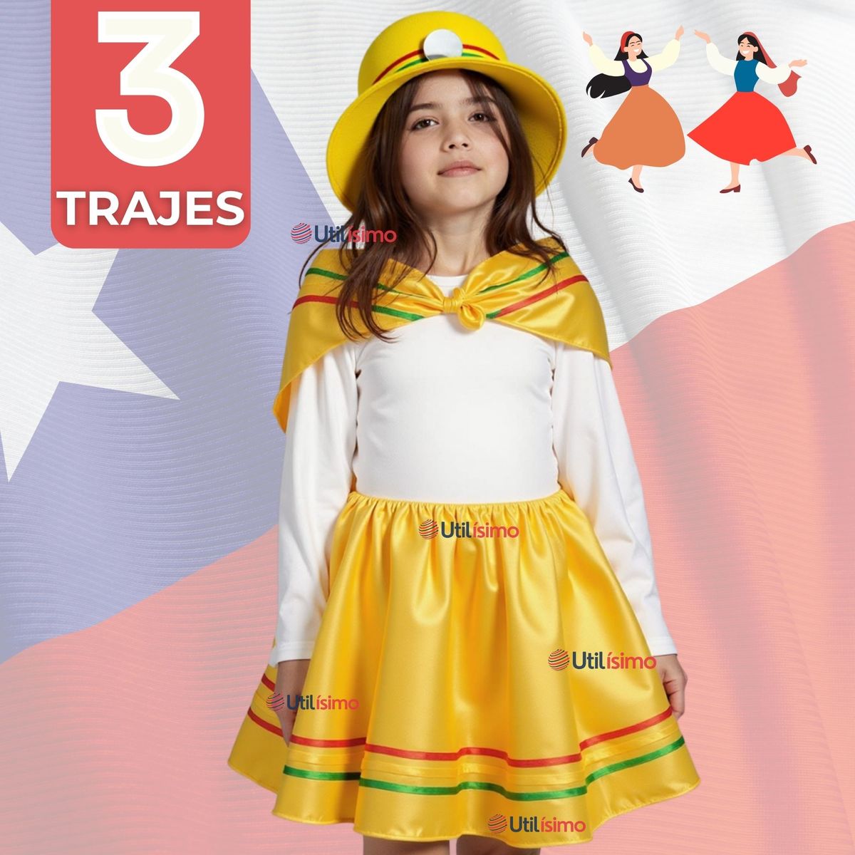 UTILISIMO - Pack 3 Traje Nortino Amarillo 3 Piezas Niña Fiestas Patrias Baile
