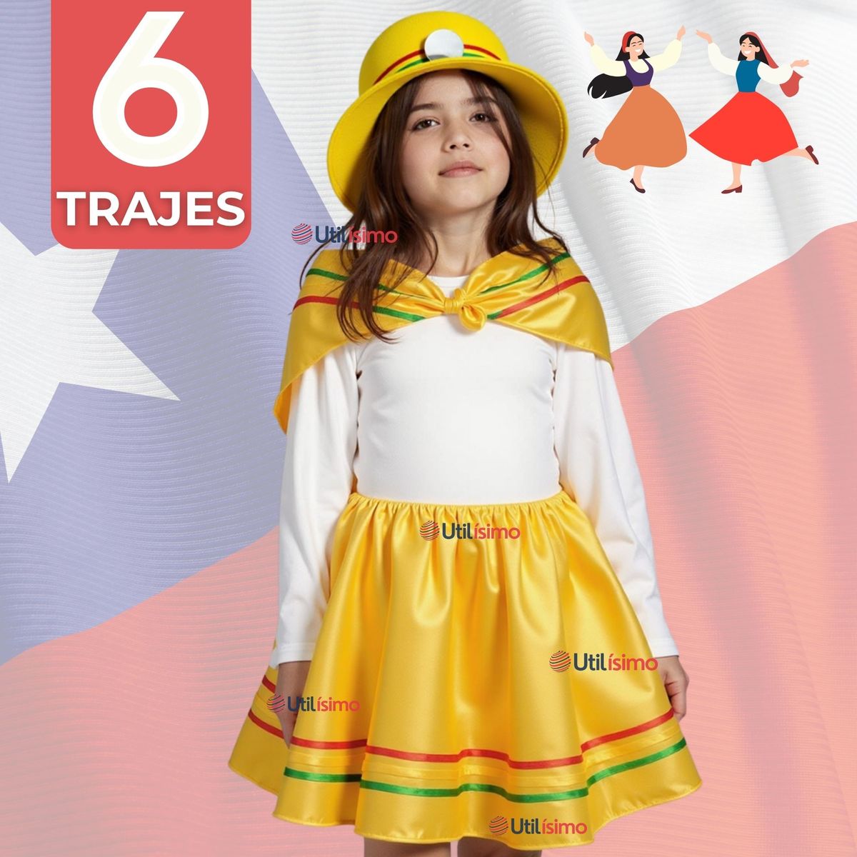 UTILISIMO - Pack 6 Traje Nortino Amarillo 3 Piezas Niña Fiestas Patrias Baile