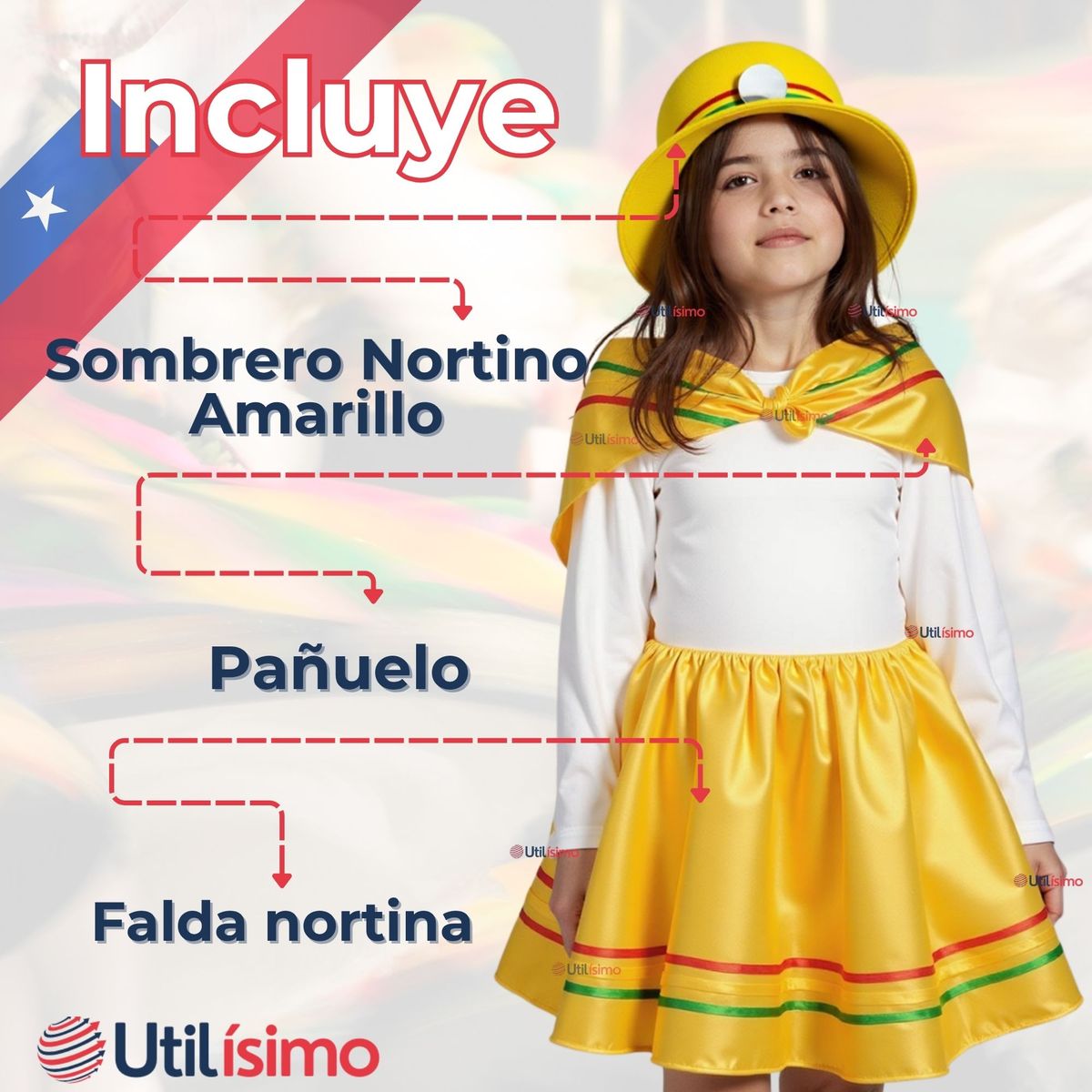 UTILISIMO - Pack 6 Traje Nortino Amarillo 3 Piezas Niña Fiestas Patrias Baile