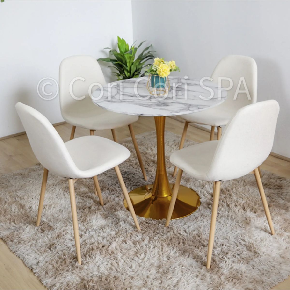 CORI CORI - Juego de Comedor Mesa Tulip Gold 100cm + 4 Sillas Scoop Beige