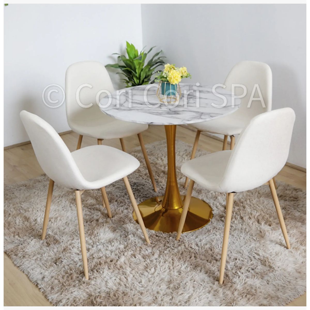 CORI CORI - Juego de Comedor Mesa Tulip Gold 100cm + 4 Sillas Scoop Beige