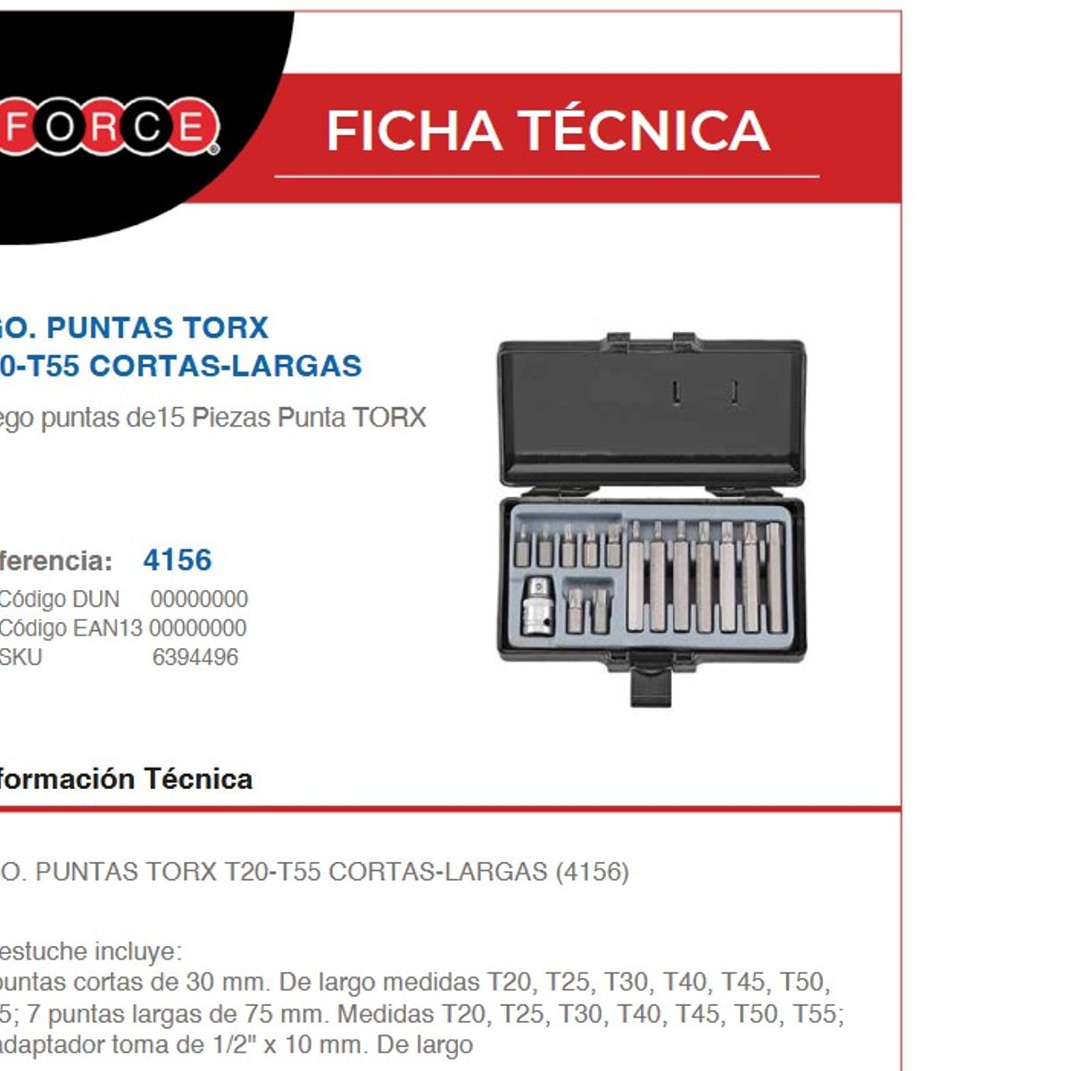 GENERICO - Juego De Puntas Torx T20 - T55 Cortas-Largas 15 Piezas 4156 FORCE