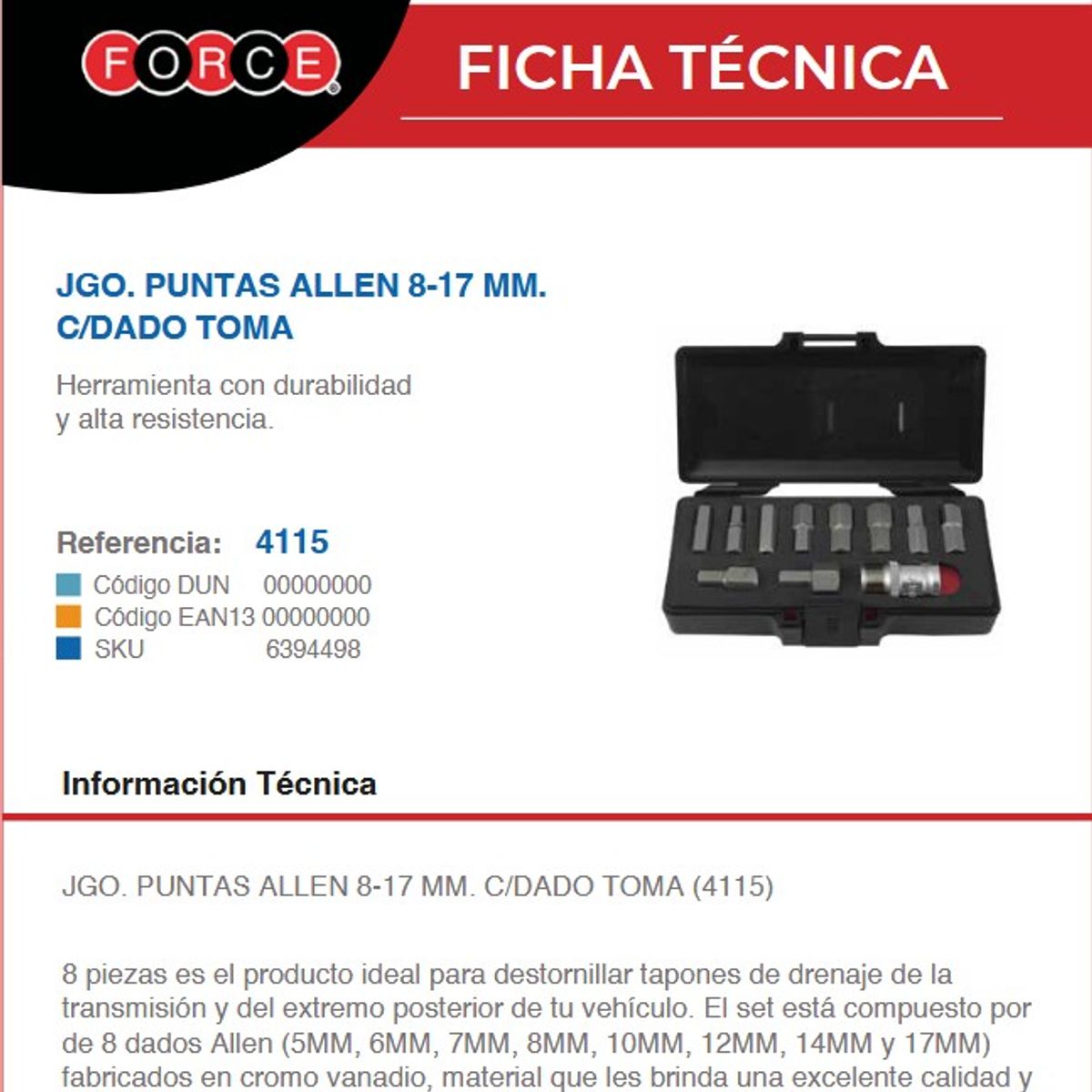 GENERICO - Juego De Puntas Allen 8-17 Mm Con Dado Toma - Force 4115