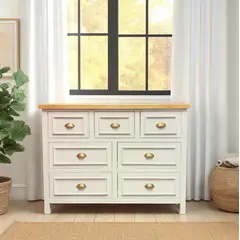 GENERICO - Comoda de Madera 7 cajones 120x40x90 color Blanco cubierta Miel