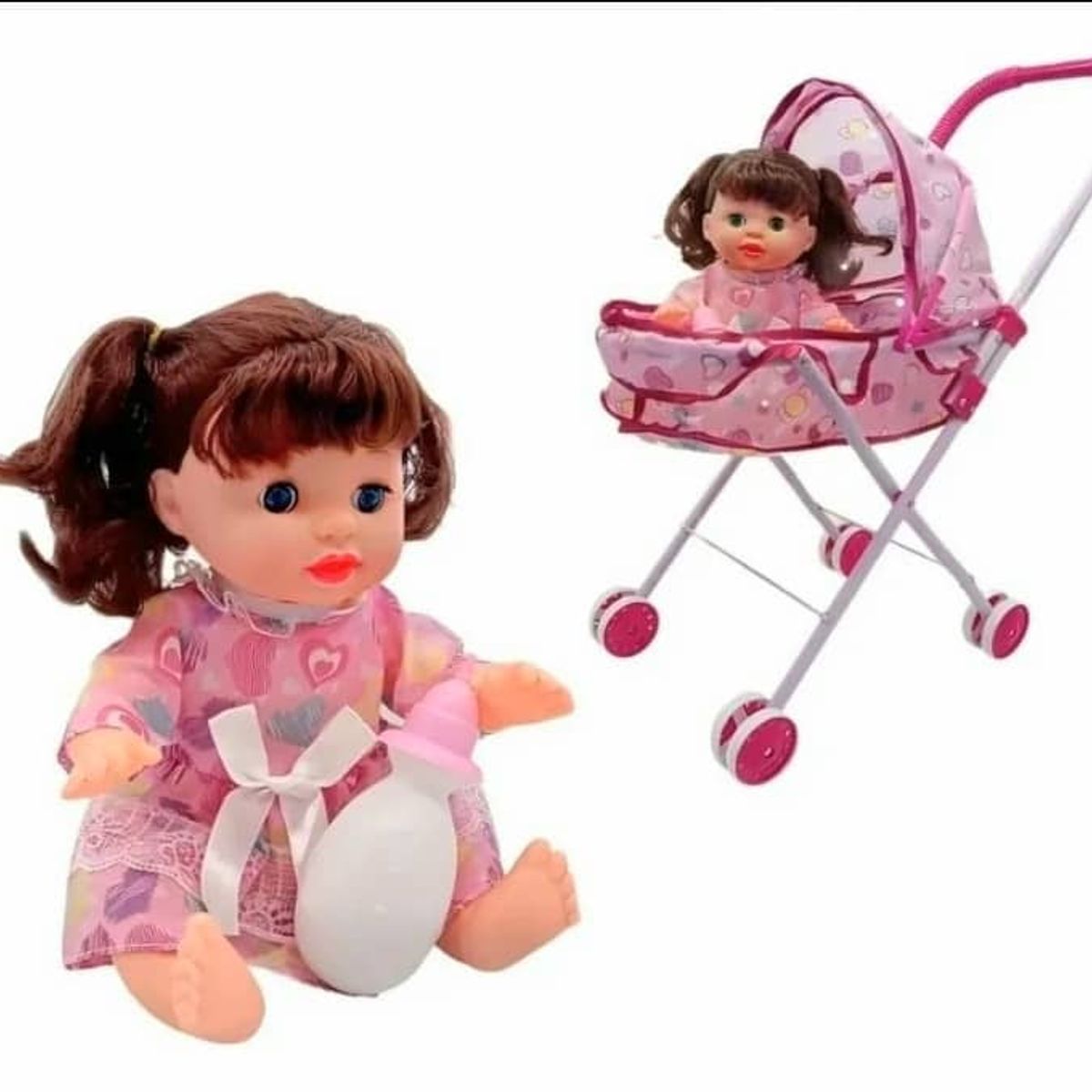 GENERICO - Coche Cuna Metálico de Juguete con Muñeca Incluida