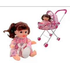 GENERICO - Coche Cuna Metálico de Juguete con Muñeca Incluida