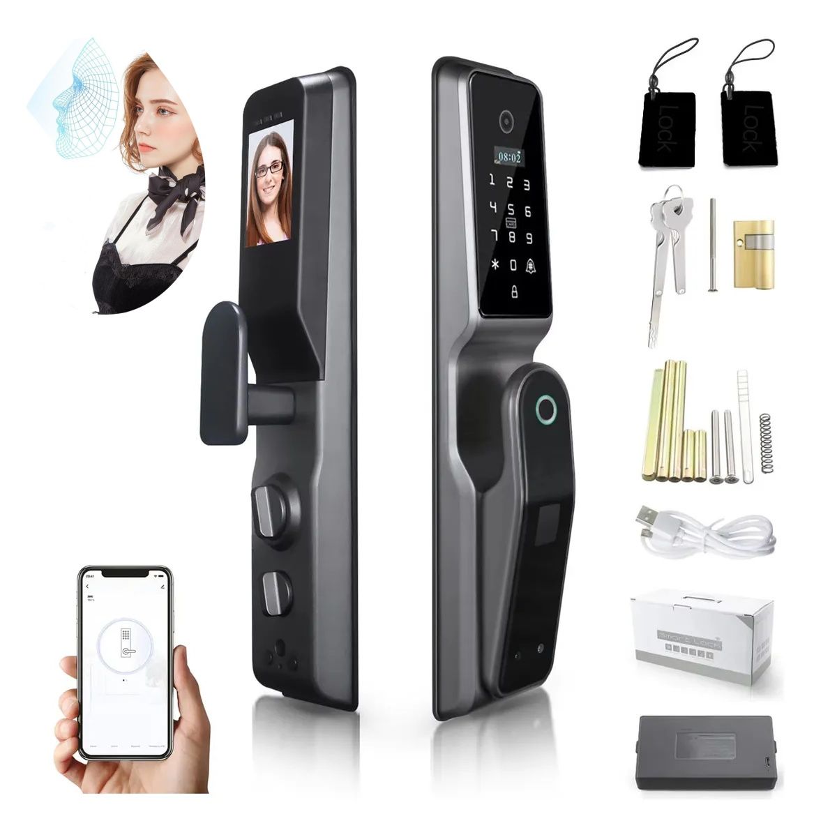 KUANGYE - Cerradura Puerta Huella Digital Automática Tuya Smart WiFi con Cámara Ojo Gato