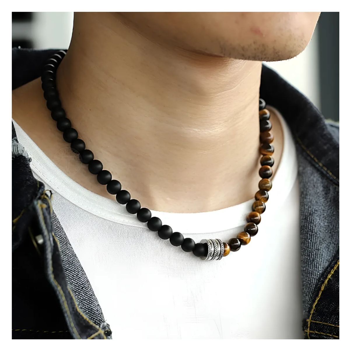 GENERICO - Collar Piedra Onix Y Ojo De Tigre Hombre Moda Royal Madriz