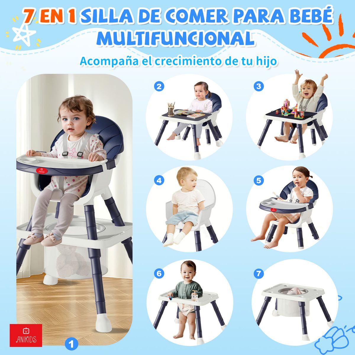ANIKIDS - 7 En 1 Silla De Comer Para Bebé Guagua Multifuncional Azul