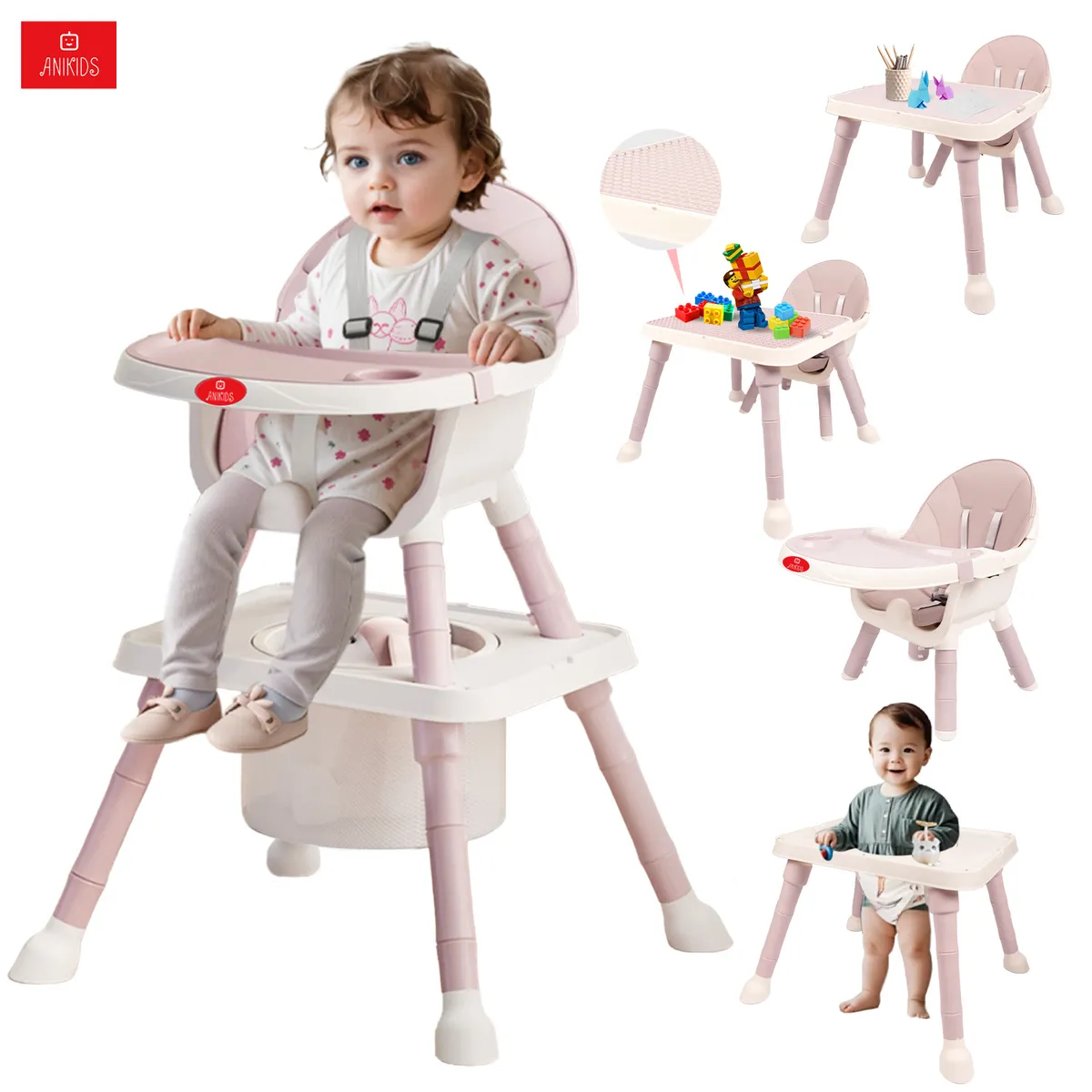 ANIKIDS - 7 En 1 Silla De Comer Para Bebé Guagua Multifuncional Rosado