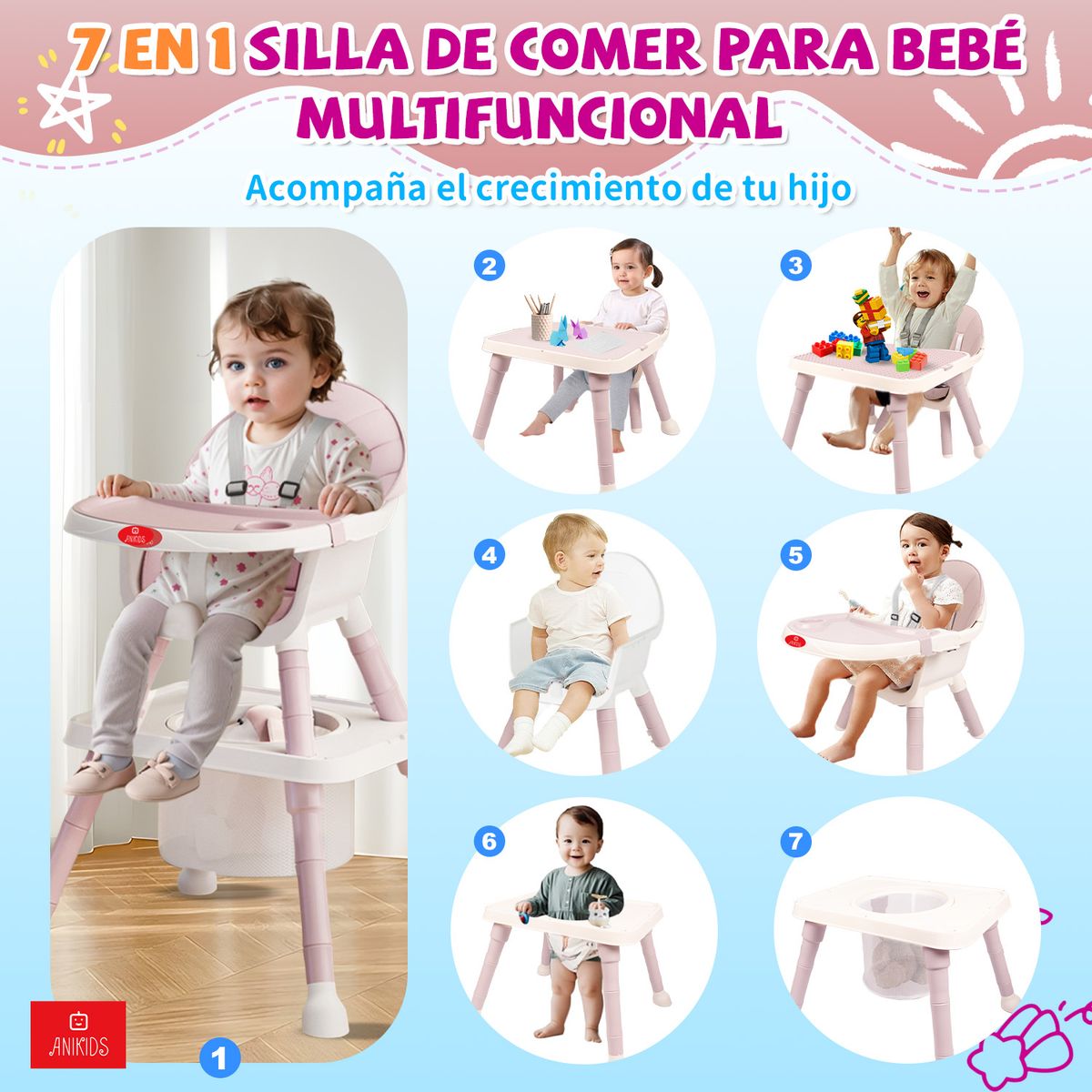 ANIKIDS - 7 En 1 Silla De Comer Para Bebé Guagua Multifuncional Rosado