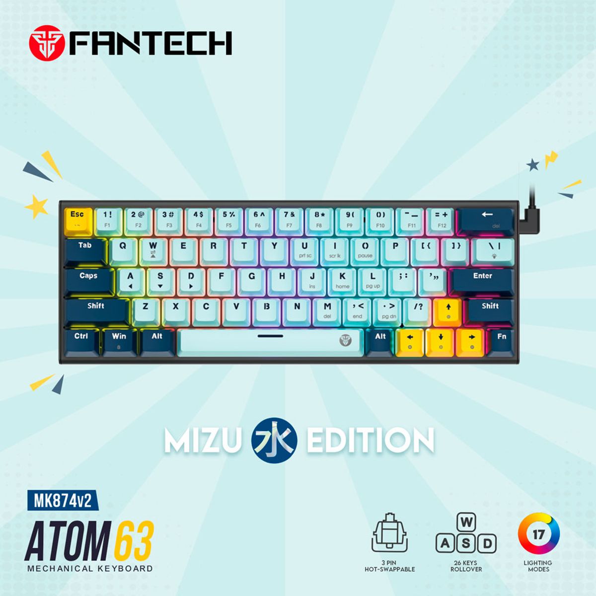 FANTECH - Teclado Fantech MK874V2 ATOM63 MIZU SkyBlue (Switch Red)