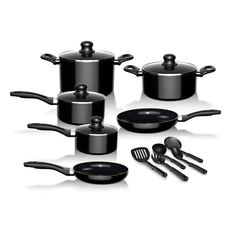 GENERICO - Batería de Cocina 15Pzas Aluminio Antiadherente Negro Wolf