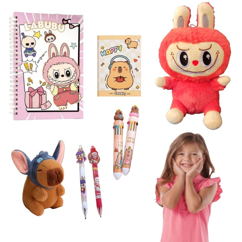 GENERICO - Pack de regalo peluche + libreta y lápices Labubu y capibara
