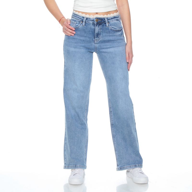 WADOS - JEANS WIDE LEG TIRO MEDIO PRETINA BASICA 1 BOTON CON APLICACION EN PRE