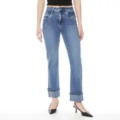 WADOS - JEANS RECTO TIRO ALTO PRETINA BASIC 1 BOTON APLICACION BORDADO Y STRAS