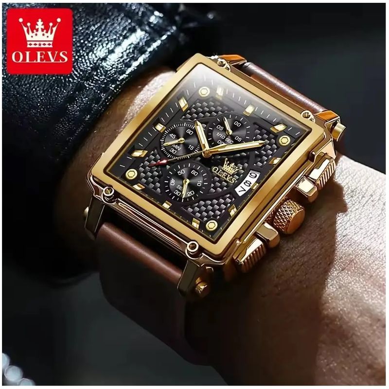GENERICO - Reloj Cronógrafo Cuadrado de Lujo Hombre Correa Cuero Elegante