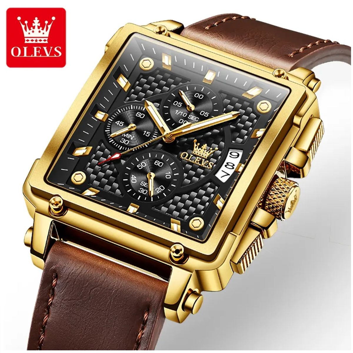 GENERICO - Reloj Cronógrafo Cuadrado de Lujo Hombre Correa Cuero Elegante