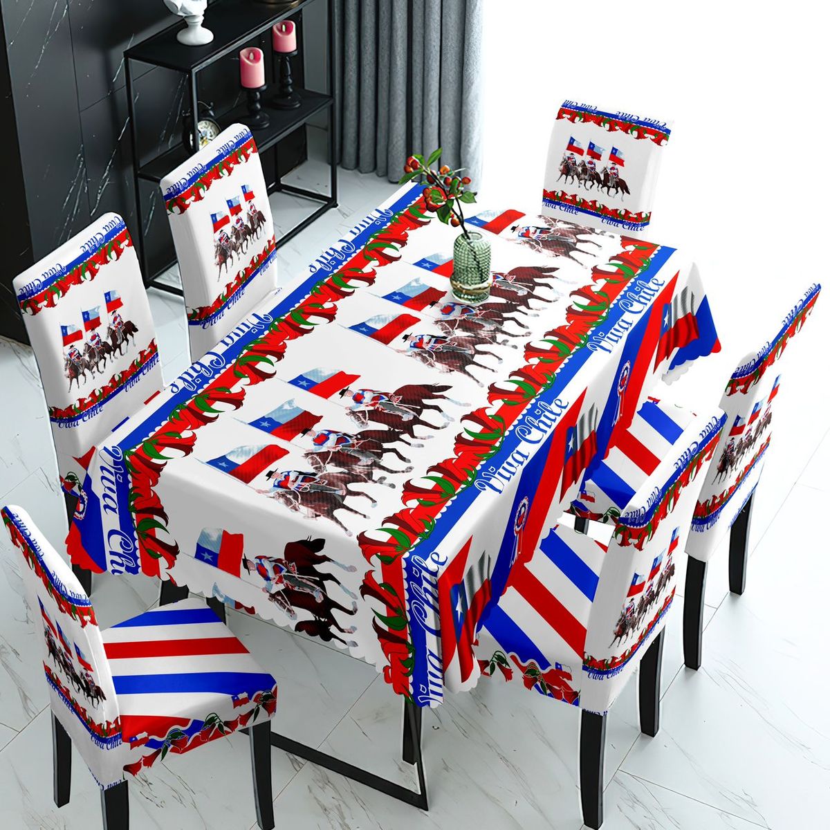 GENERICO - MANTEL PATRIA  Y 6 FUNDAS PARA SILLASBLANCO CABALLOS WYM