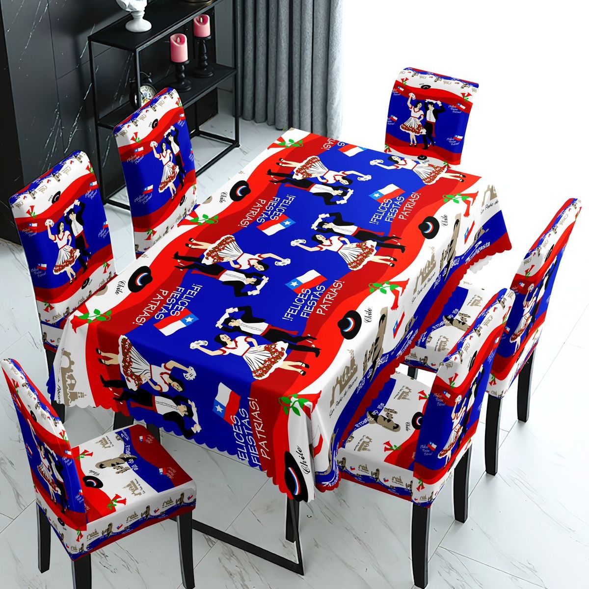 GENERICO - MANTEL PATRIA  Y 6 FUNDAS PARA SILLA DISEÑO FELICES FIESTAS ´PATRIAS WM