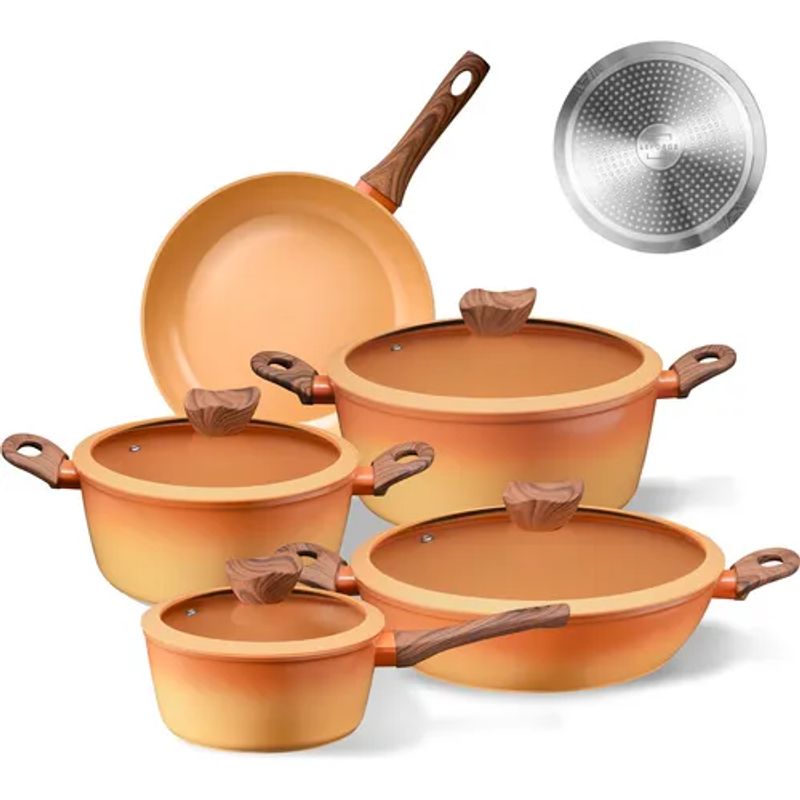 GENERICO - Bateria Cocina Antiadherente Ceramica 9 Pcs Naranja