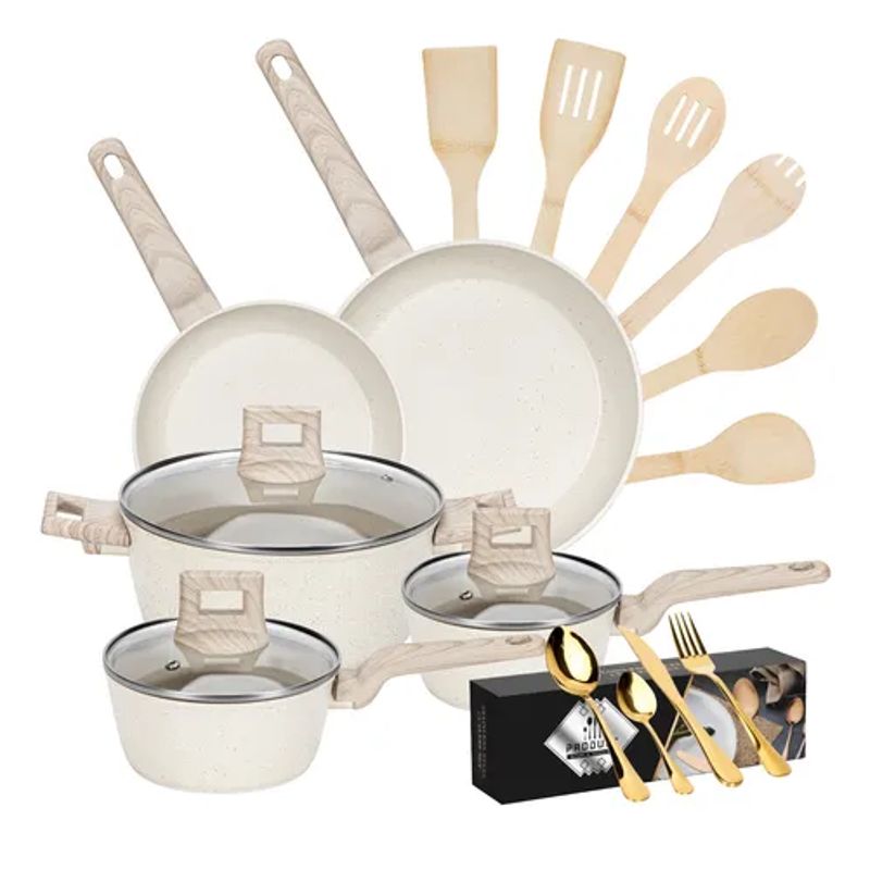 GENERICO - Bateria De Cocina Aluminio 38 Piezas Antiadherente Granito Blanco