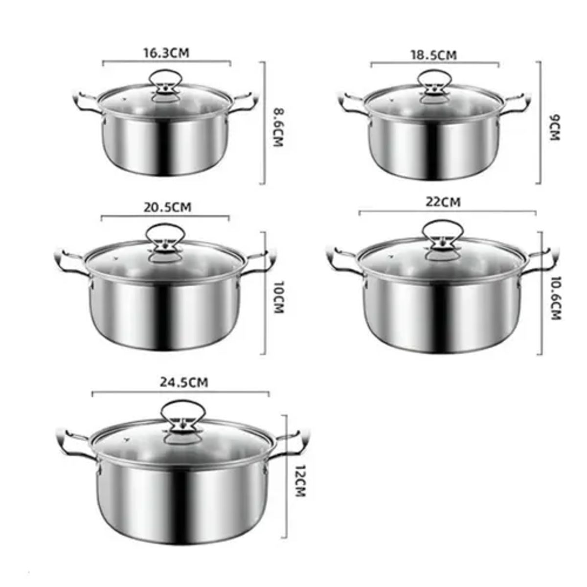 GENERICO - Juego Set De Ollas 5 Piezas Acero Inoxidable Antiadherente Gris