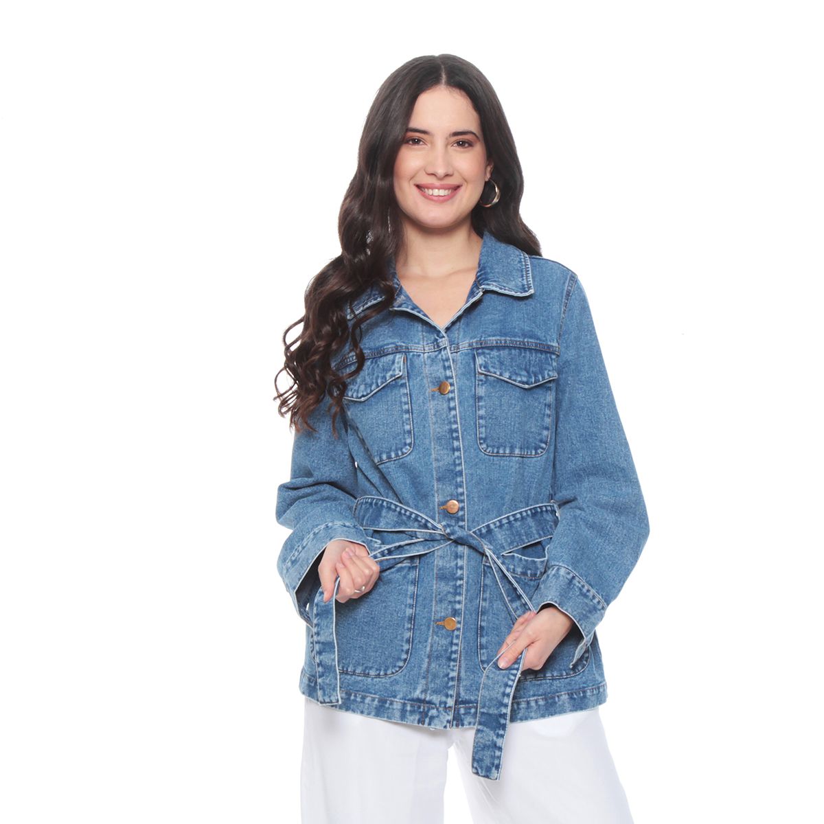 WADOS - CHAQUETA MANGA LARGA DENIM ABOTONADA EN DELANTERO CON LAZO EN CINTURA