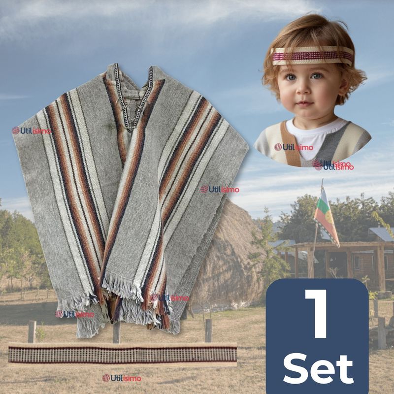 UTILISIMO - Set Poncho Mapuche +Trarilonco Fiestas Patrias Manta y Cintillo