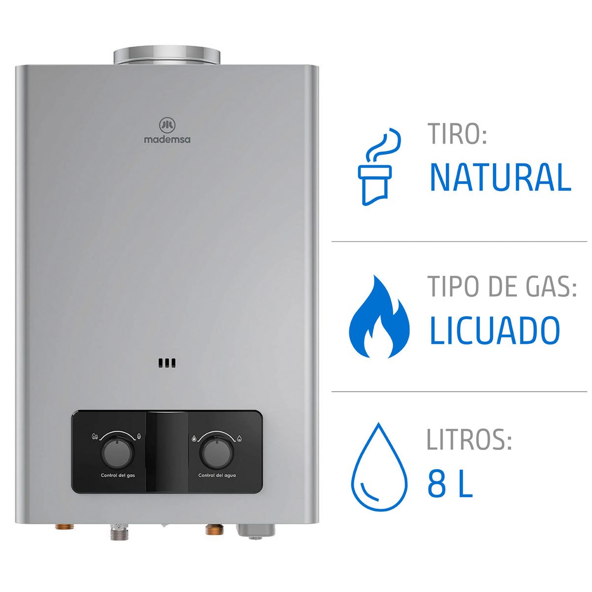 Calefont Gas Licuado 8 Litros Tiro Natural Ionizado CMN08G, marca MADEMSA - Foto Principal