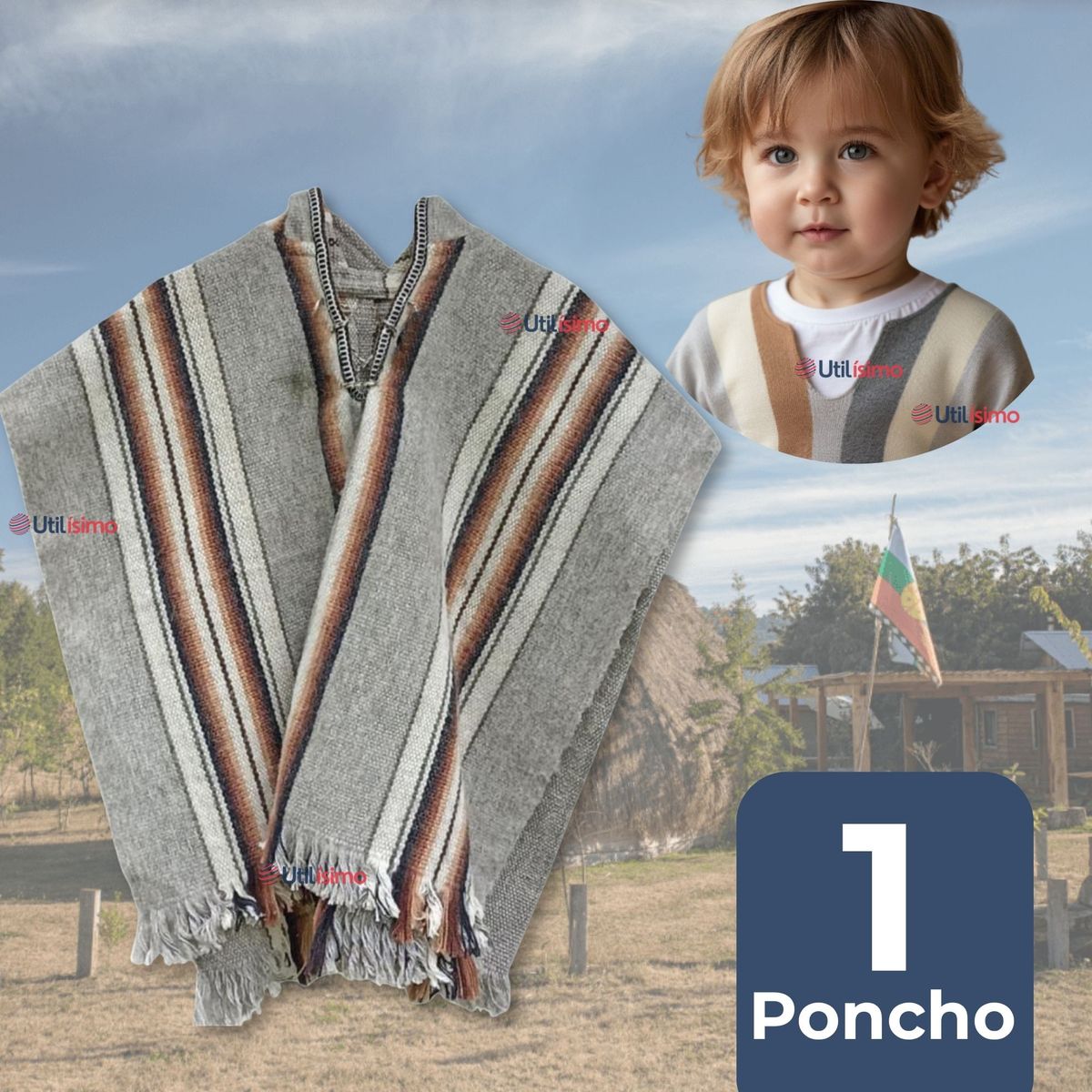 UTILISIMO - Poncho Manta Mapuche Lana Grueso  Fiestas Patrias