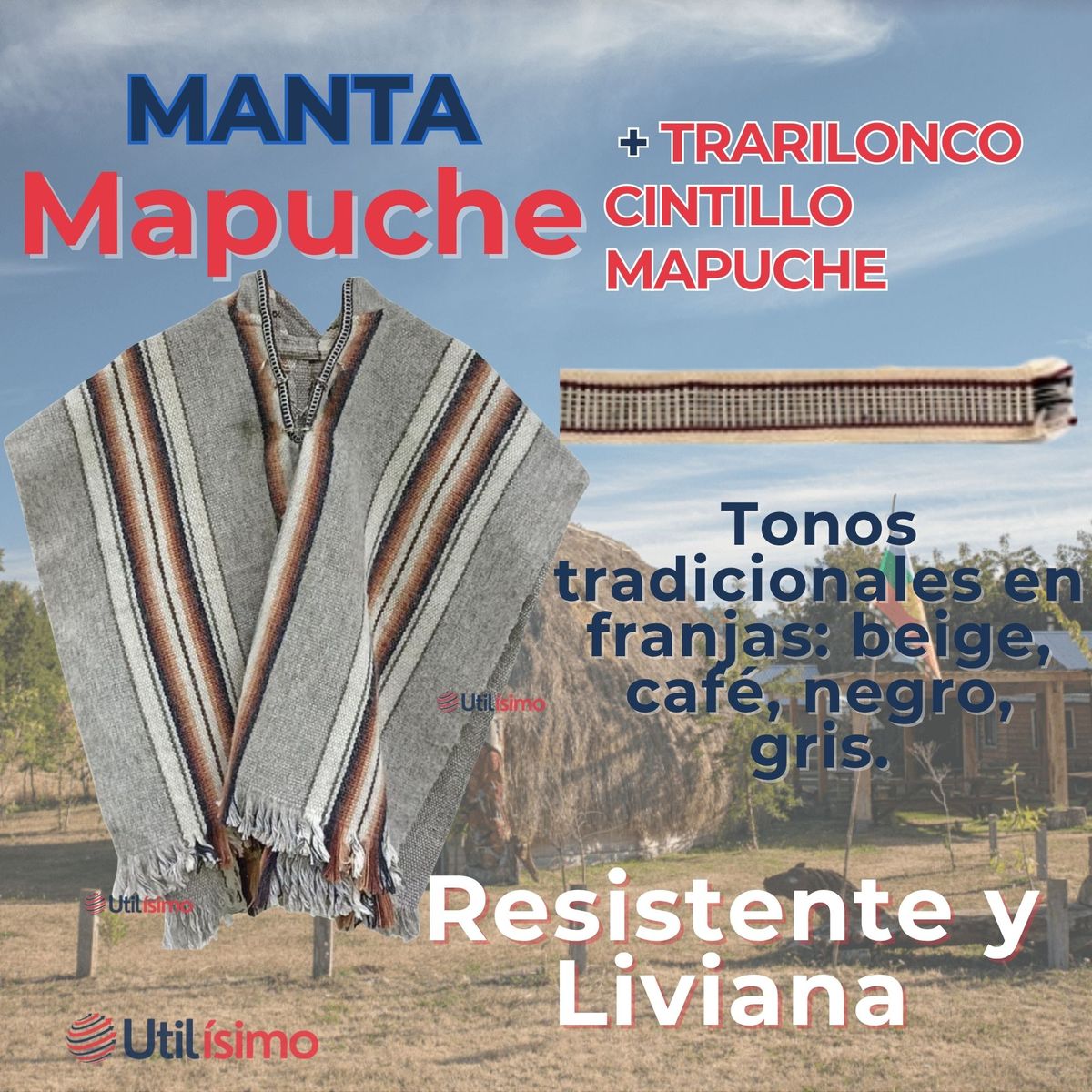 UTILISIMO - Set Poncho Mapuche + Trarilonco Fiestas Patrias Manta Cintillo