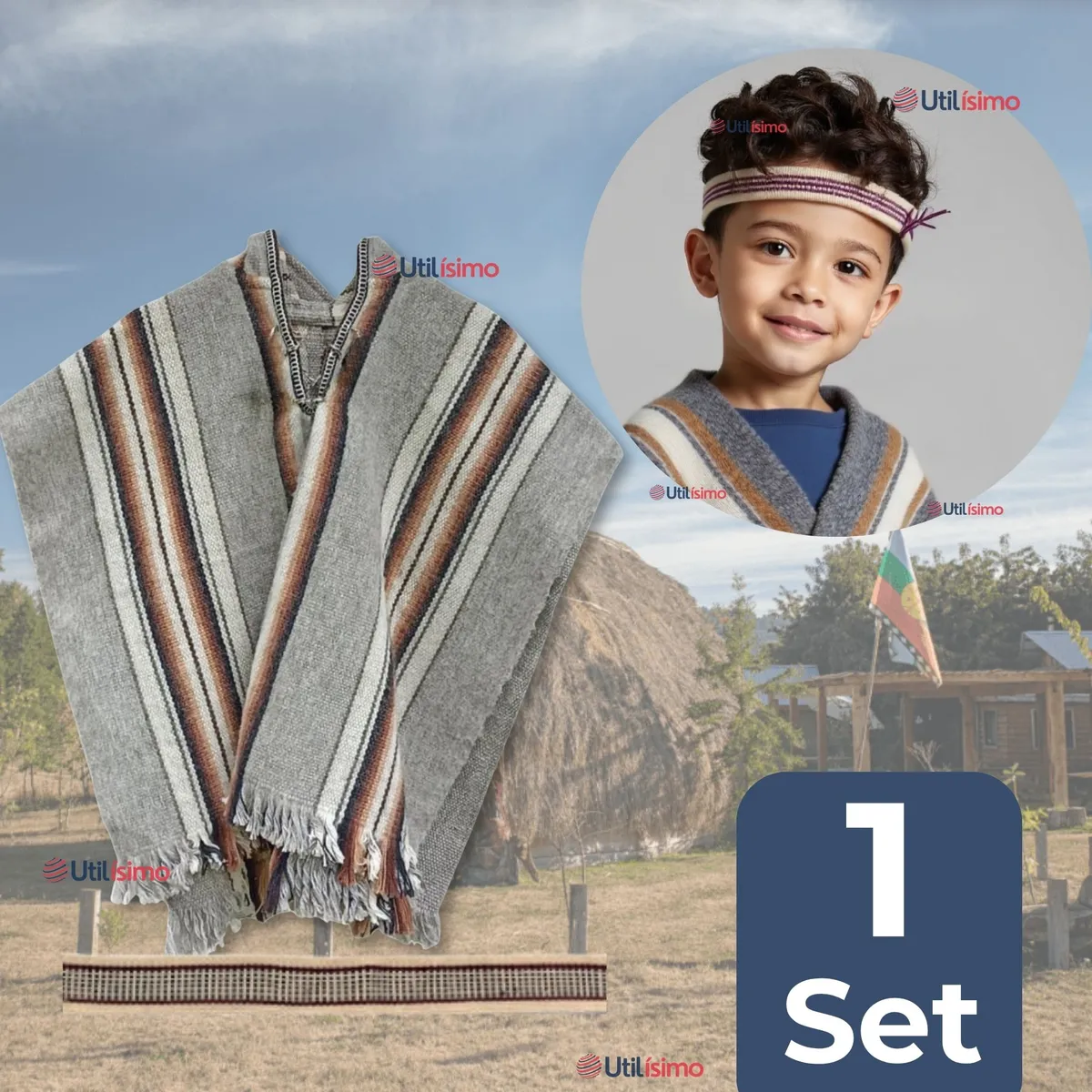 UTILISIMO - Set Poncho Mapuche + Trarilonco Fiestas Patrias Manta Cintillo