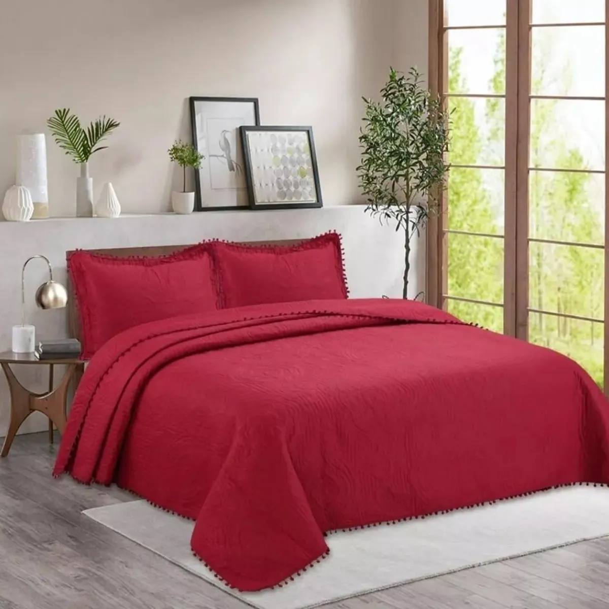 GENERICO - cubrecama rojo de verano con pompon king unicolor wym