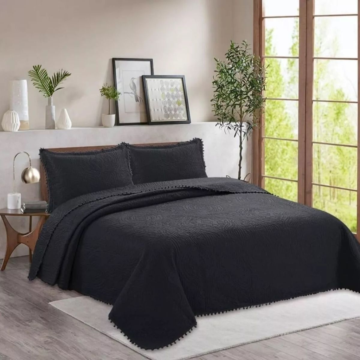 GENERICO - cubrecama negro de verano con pompon king unicolor wym