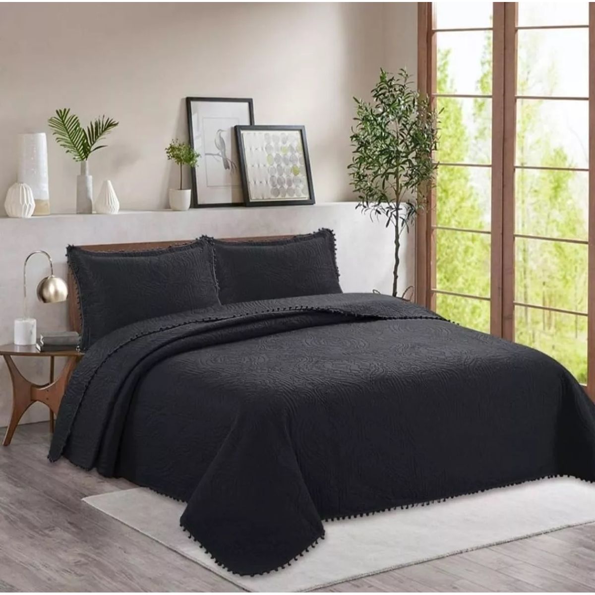 GENERICO - cubrecama negro de verano con pompon king unicolor wym