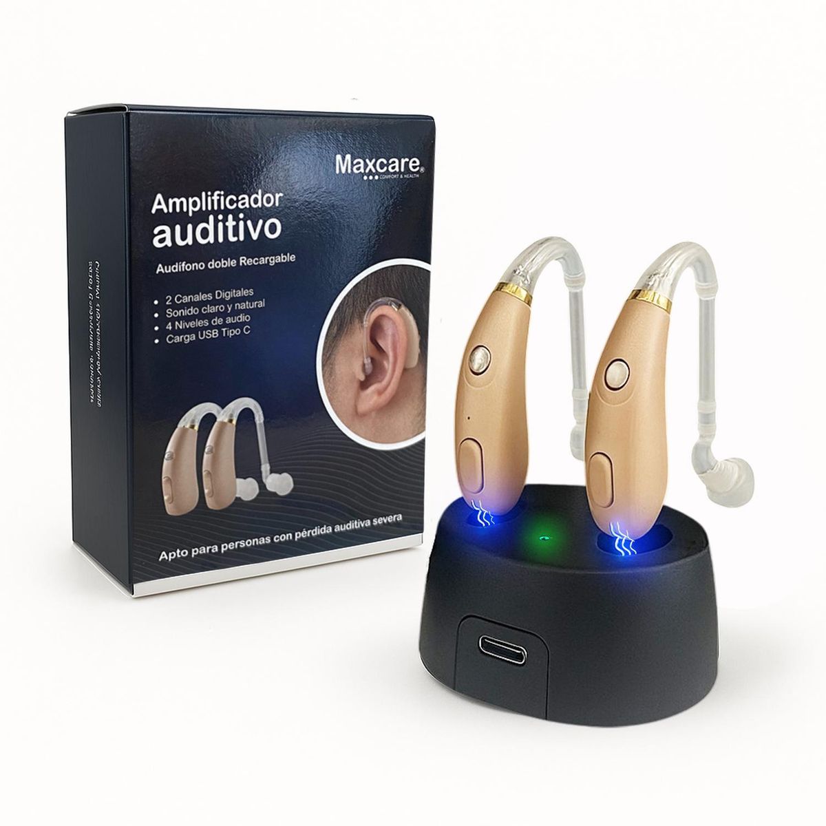MAXCARE - Amplificador Auditivo Audífono Sordera Severa Doble Recargable
