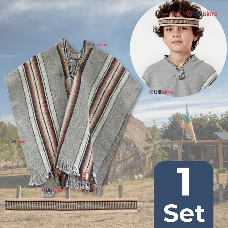 UTILISIMO - Set Poncho Mapuche +Trarilonco Fiestas Patrias Manta Cintillo