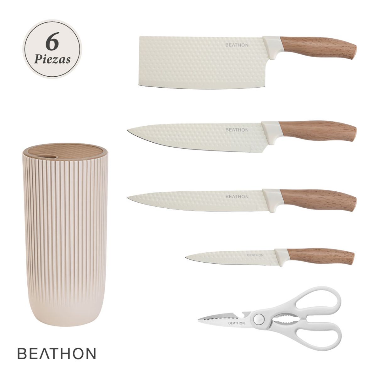 BEATHON - Set Cuchillos Cocina Con Block Beathon Utensilios 6 piezas Inox Kiosclub